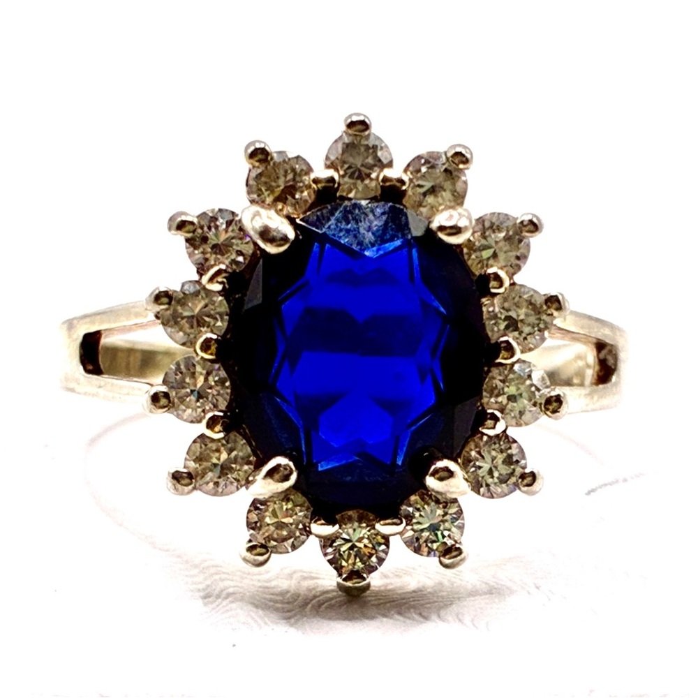 VTG Signed JC Oval Cut Cubic Zirconia Sapphire with Halo of CZ’s In Silver Tone